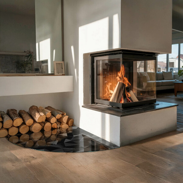 Fjärdedelscirkel glasskiva framför öppen spis Tredimensionell geometri