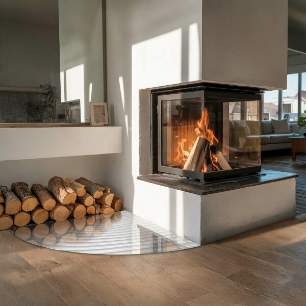 Fjärdedelscirkel glasskiva under kamin Vågor av mjuka linjer