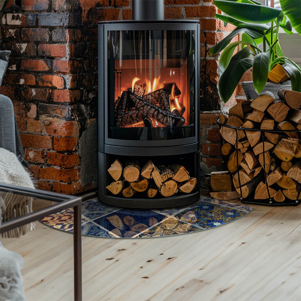 Fjärdedelscirkel glasskiva under braskamin Mönster av keramiska kakelplattor