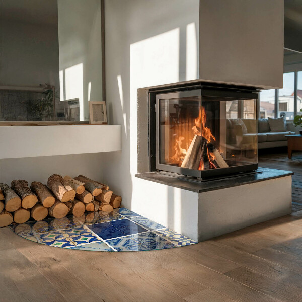 Fjärdedelscirkel glasskiva under braskamin Mönster av keramiska kakelplattor