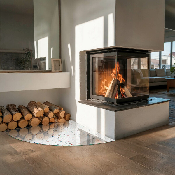 Fjärdedelscirkel glasskiva under kamin Mönster med små former