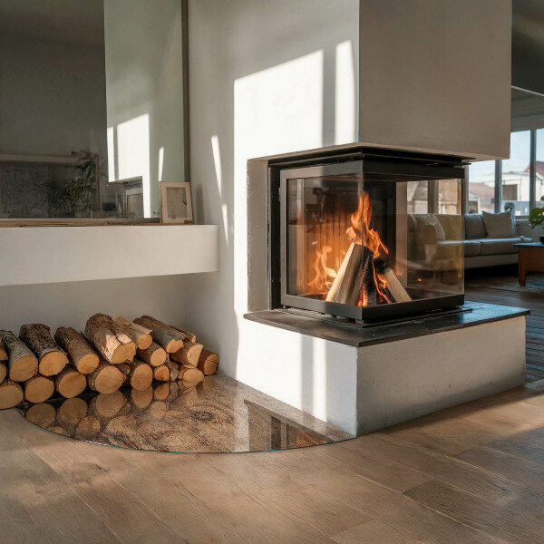 Fjärdedelscirkel glasskiva framför öppen spis Naturligt trämönster