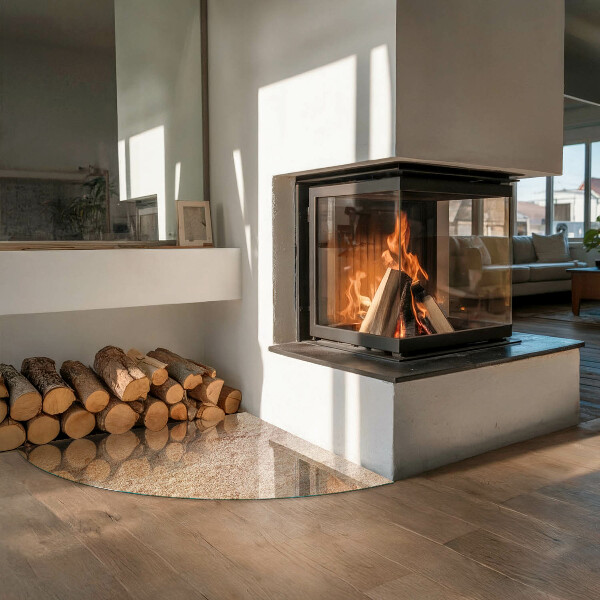 Fjärdedelscirkel glasskiva under kamin Struktur av natursten