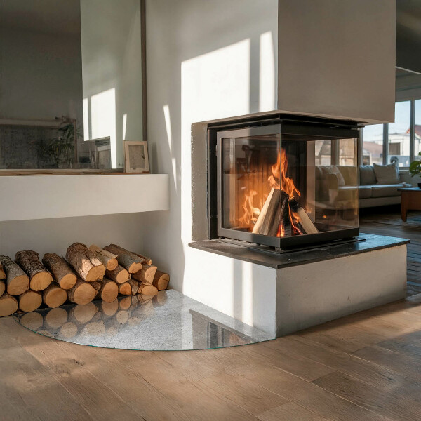 Fjärdedelscirkel glasskiva under kamin Textur av rå betong