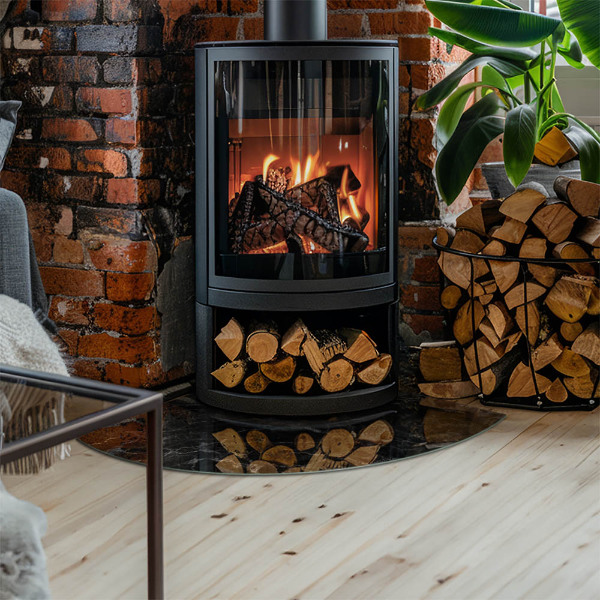 Fjärdedelscirkel glasskiva framför öppen spis Elegant marmormönster