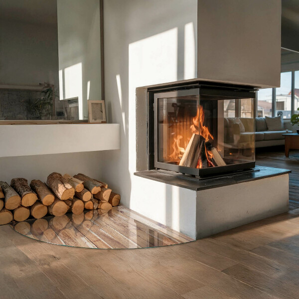 Fjärdedelscirkel glasskiva under kamin Träplank i mönster