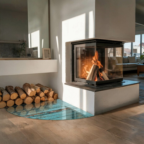 Fjärdedelscirkel glasskiva under kamin Rustika plankor