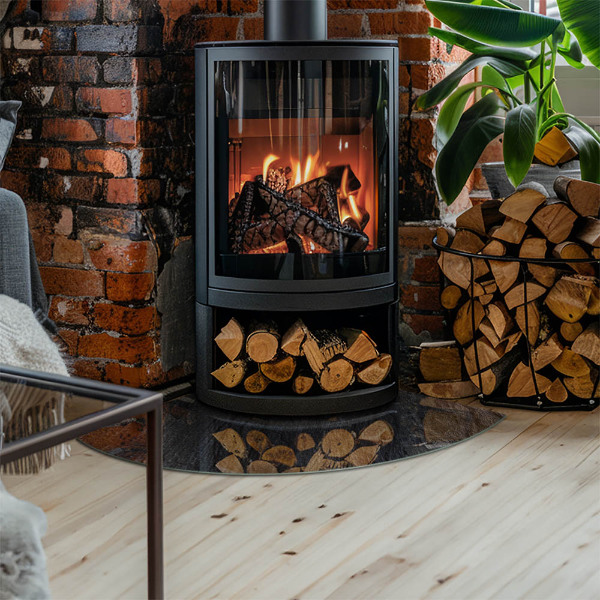 Fjärdedelscirkel glasskiva framför öppen spis Stenytans struktur