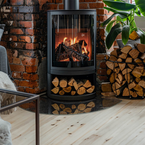 Fjärdedelscirkel glasskiva under kamin Stenytans struktur