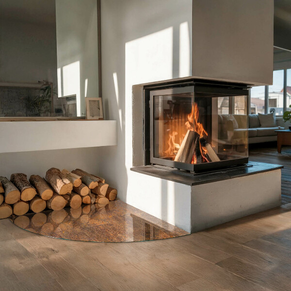 Fjärdedelscirkel glasskiva framför öppen spis Roststruktur på bakgrund