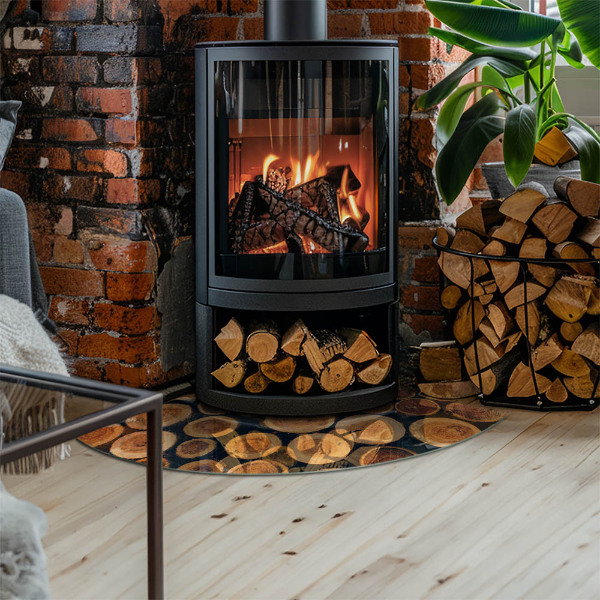 Fjärdedelscirkel glasskiva under kamin Låda med sågat trä