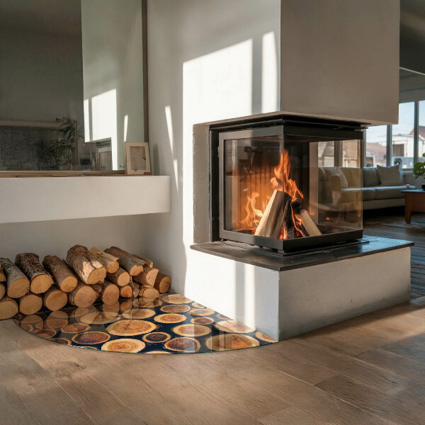 Fjärdedelscirkel glasskiva under kamin Låda med sågat trä