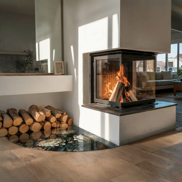 Fjärdedelscirkel glasskiva under braskamin Blommönster med fjärilar