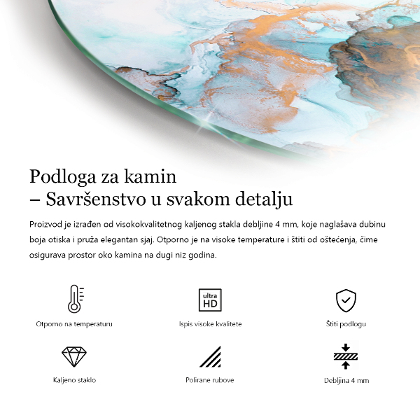 Fjärdedelscirkel glasskiva under braskamin Abstrakt marmormönster