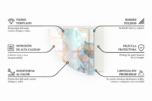 Fjärdedelscirkel glasskiva under braskamin Tropiska blad i bakgrunden