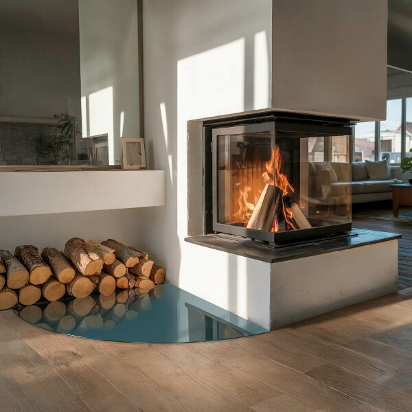 Fjärdedelscirkel glasskiva under kamin Färg Havsblå