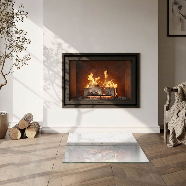 Kvadratisk glasskiva under kamin Marmormönster med ådringar