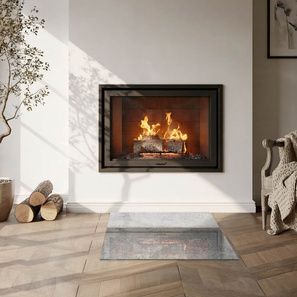 Kvadratisk glasskiva under kamin Rå betongstruktur