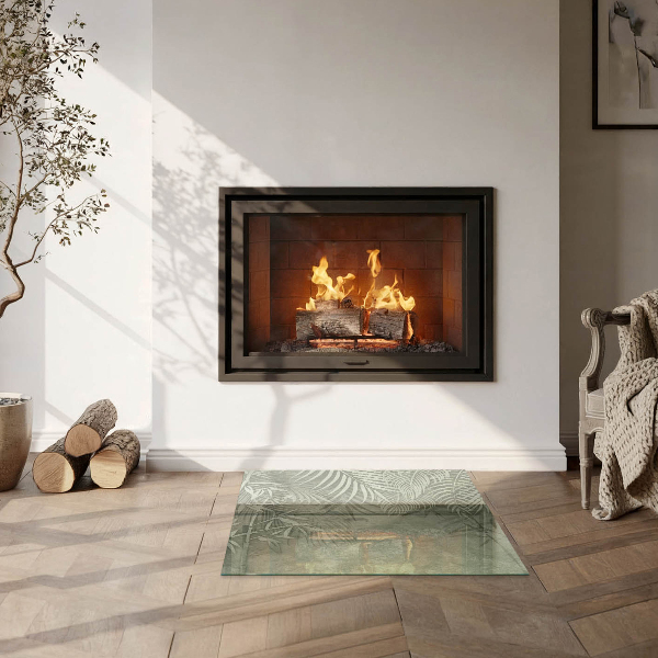 Kvadratisk glasskiva under kamin Tropiska blad i bakgrunden