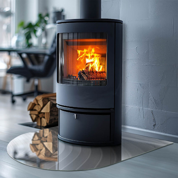 Halvoval glasskiva framför öppen spis Vågor av mjuka linjer