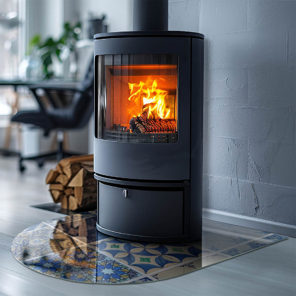 Halvoval glasskiva under kamin Mönster av keramiska kakelplattor