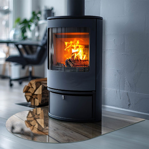 Halvoval glasskiva under kamin Träplankor i mönster