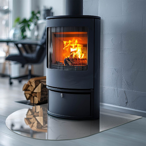 Halvoval glasskiva under kamin Marmormönster med ådringar