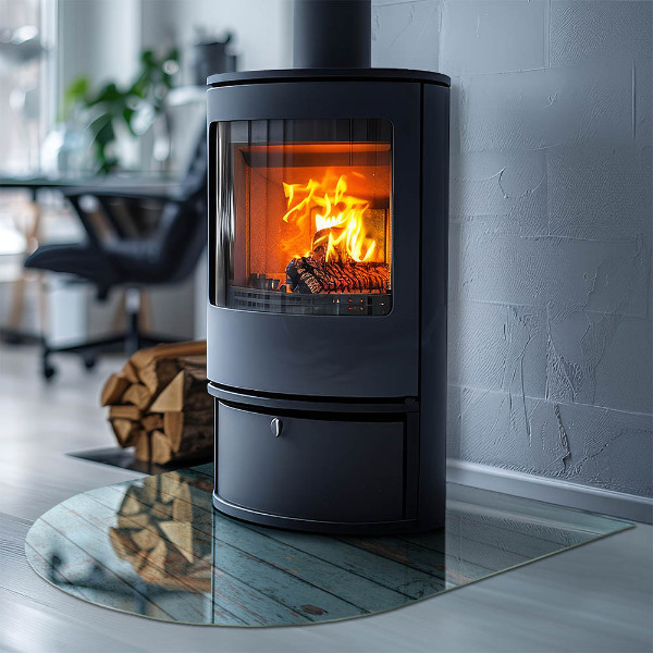 Halvoval glasskiva framför öppen spis Rustika plankor