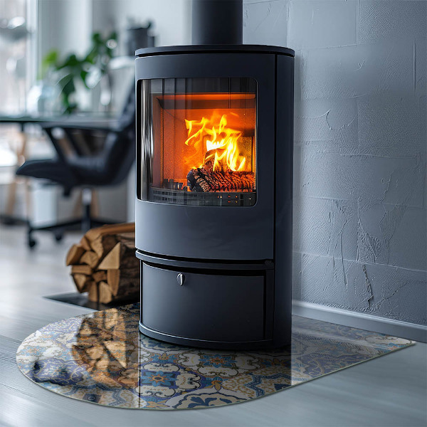 Halvoval glasskiva under kamin Mosaikmönster med blommor