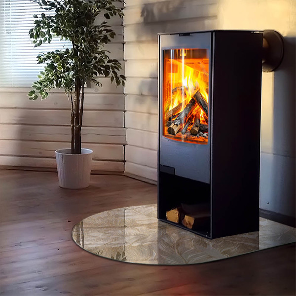 Halvoval glasskiva under kamin Löv i subtila mönster