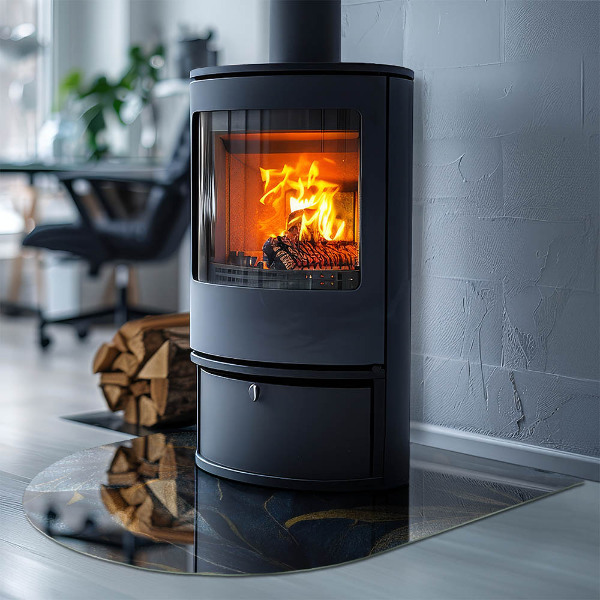 Halvoval glasskiva under kamin Eleganta blad i textur