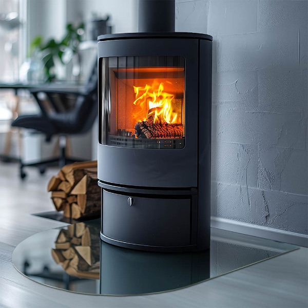 Halvoval glasskiva framför öppen spis Färg Havsblå