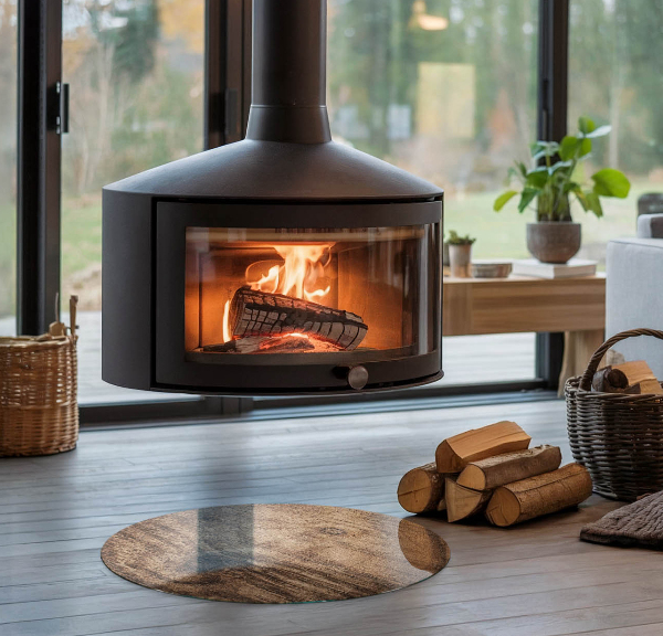 Runda glasskiva framför öppen spis Naturligt trämönster