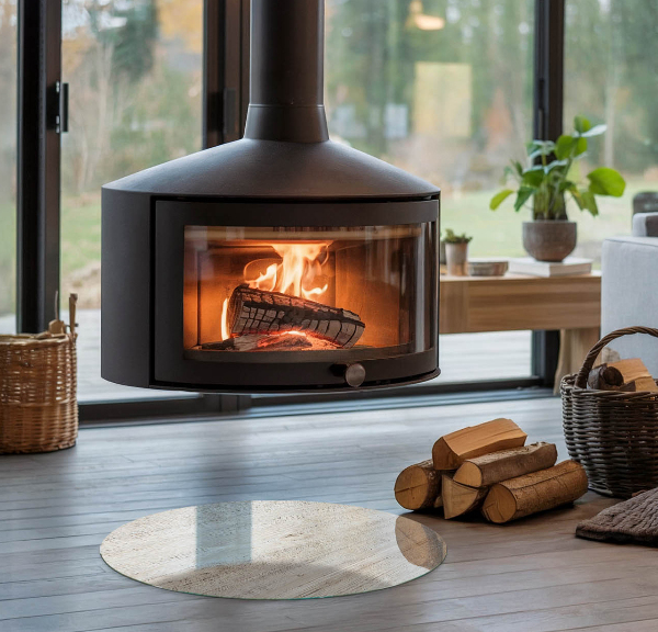 Runda glasskiva framför öppen spis Ljus trästruktur