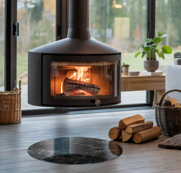 Runda glasskiva framför öppen spis Elegant marmormönster