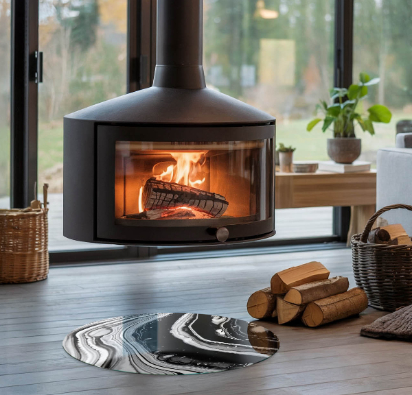 Runda glasskiva framför öppen spis Abstrakta vågor och linjer