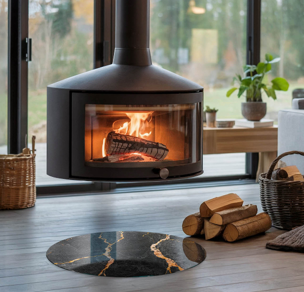 Runda glasskiva framför öppen spis Elegant marmor med ådringar