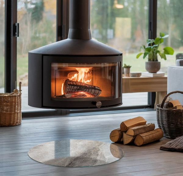 Runda glasskiva framför öppen spis Naturligt stenmönster