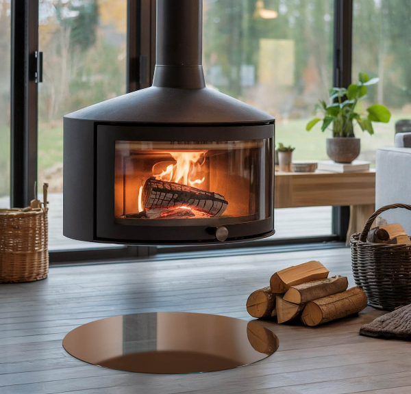 Runda glasskiva framför öppen spis Färg Brun