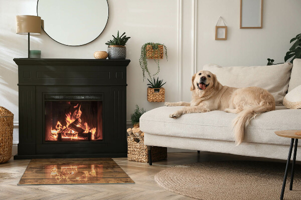 Rektangulär glasskiva under braskamin Träplank med årringar