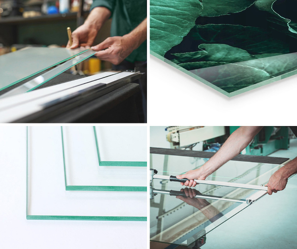 Rektangulär glasskiva framför öppen spis Geometri med trä