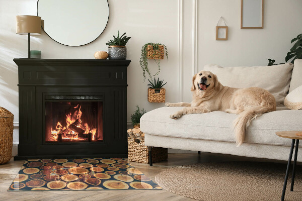 Rektangulär glasskiva framför öppen spis Låda med sågat trä