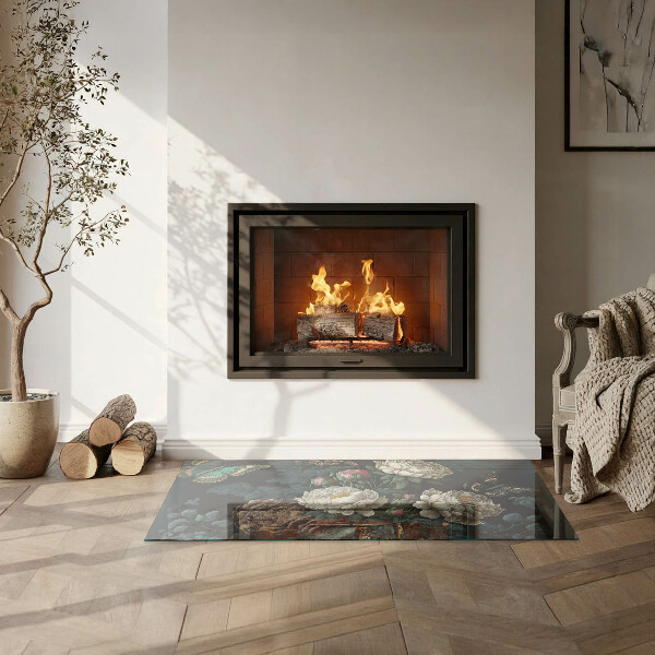 Rektangulär glasskiva under kamin Blommönster med fjärilar