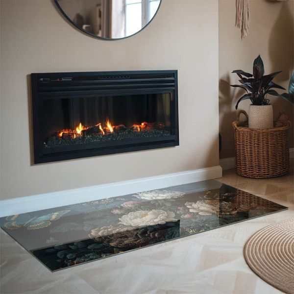 Rektangulär glasskiva under kamin Blommönster med fjärilar