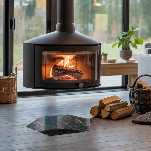 Sexhörning glasskiva under kamin Elegant marmormönster