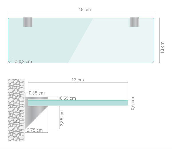Glashylla för badrum 45x13 cm