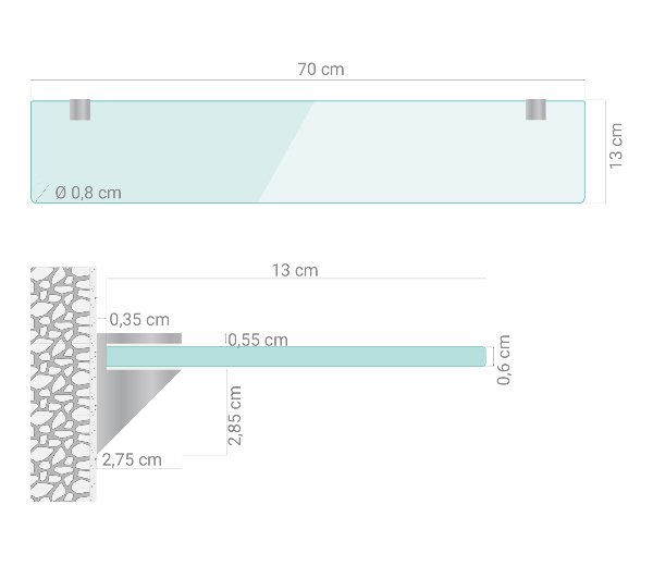 Rektangulär glashylla för vägg 70x13 cm